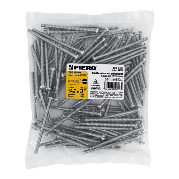 44622 - Bolsa con 100 tornillos 3/16' x 3' tipo estufa, FIERO