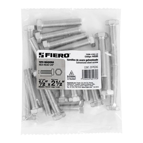44595 - Bolsa con 20 tornillos 1/2' x 2-1/2' tipo máquina, FIERO