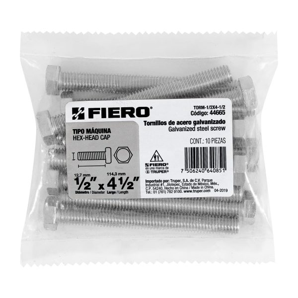 44665 - Bolsa con 10 tornillos 1/2' x 4-1/2' tipo máquina, FIERO