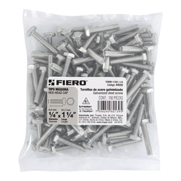 44559 - Bolsa con 100 tornillos 1/4' x 1-1/4' tipo máquina, FIERO