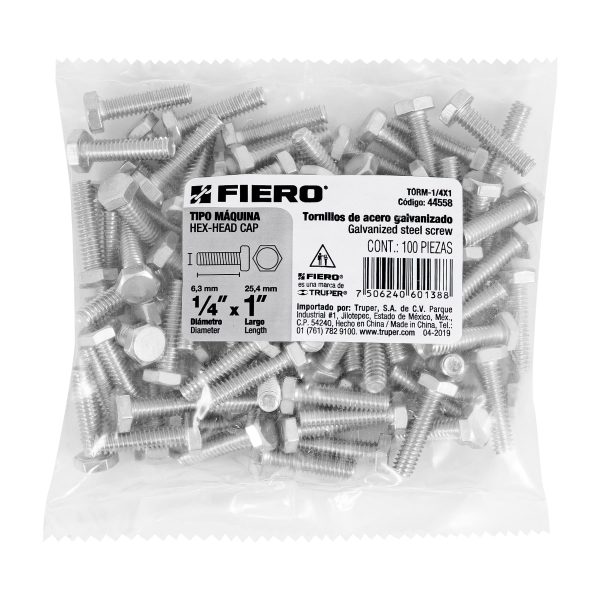 44558 - Bolsa con 100 tornillos 1/4' x 1' tipo máquina, FIERO