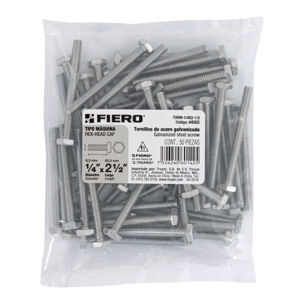 44562 - Bolsa con 50 tornillos 1/4' x 2-1/2' tipo máquina, FIERO