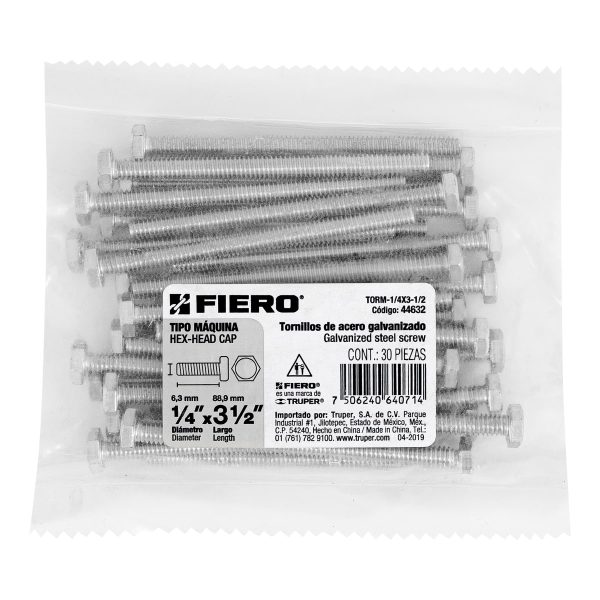 44632 - Bolsa con 30 tornillos 1/4' x 3-1/2' tipo máquina, FIERO