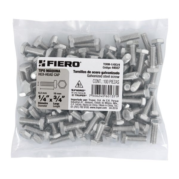44557 - Bolsa con 100 tornillos 1/4' x 3/4' tipo máquina, FIERO