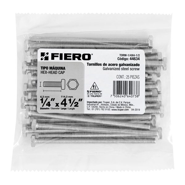 44634 - Bolsa con 25 tornillos 1/4' x 4-1/2' tipo máquina, FIERO