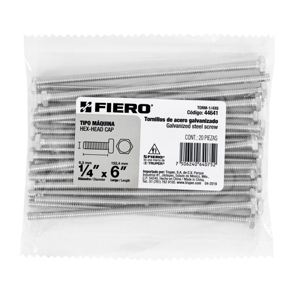 44641 - Bolsa con 20 tornillos 1/4' x 6' tipo máquina, FIERO