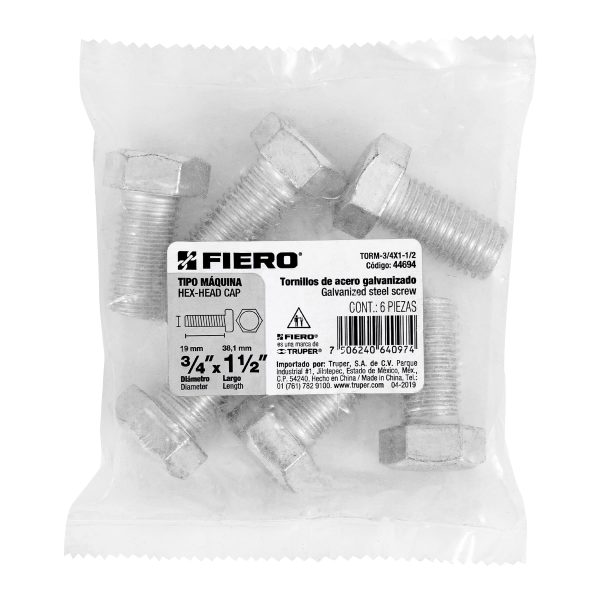 44694 - Bolsa con 6 tornillos 3/4' x 1-1/2' tipo máquina, FIERO