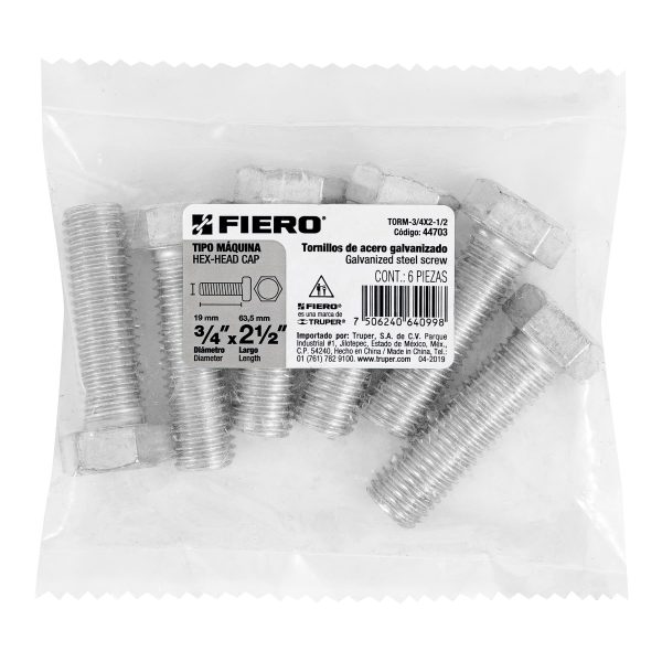 44703 - Bolsa con 6 tornillos 3/4' x 2-1/2' tipo máquina, FIERO