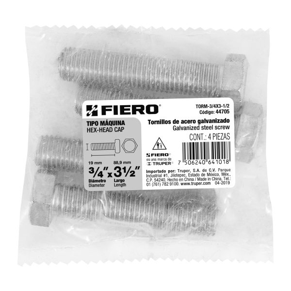 44705 - Bolsa con 4 tornillos 3/4' x 3-1/2' tipo máquina, FIERO