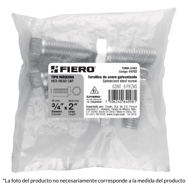 44704 - Bolsa con 4 tornillos 3/4' x 3' tipo máquina, FIERO
