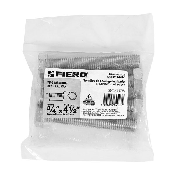 44707 - Bolsa con 4 tornillos 3/4' x 4-1/2' tipo máquina, FIERO