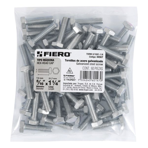 44567 - Bolsa con 60 tornillos 5/16' x 1-1/4' tipo máquina, FIERO