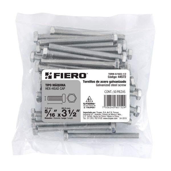 44572 - Bolsa con 50 tornillos 5/16' x 3-1/2' tipo máquina, FIERO