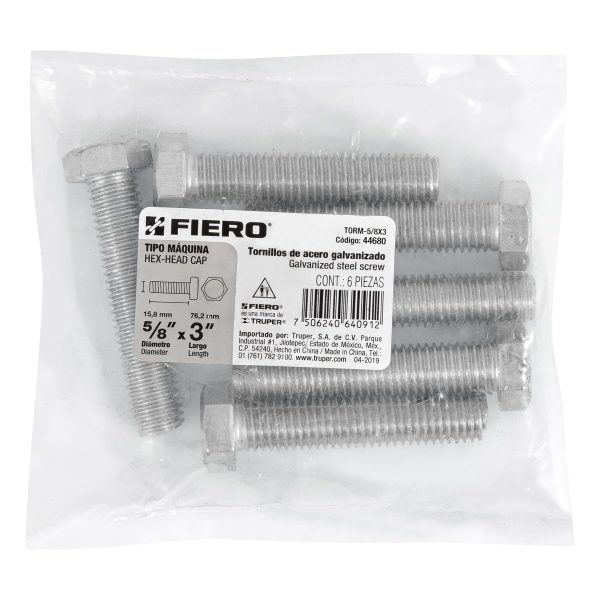 44680 - Bolsa con 6 tornillos 5/8' x 3' tipo máquina, FIERO