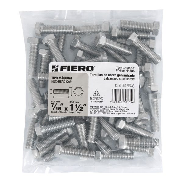 44585 - Bolsa con 50 tornillos 7/16' x 1-1/2' tipo máquina, FIERO