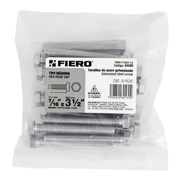 44589 - Bolsa con 20 tornillos 7/16' x 3-1/2' tipo máquina, FIERO