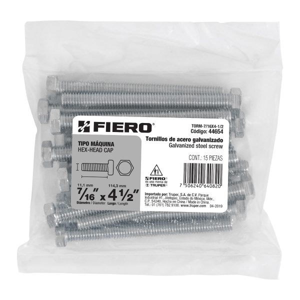 44654 - Bolsa con 15 tornillos 7/16' x 4-1/2' tipo máquina, FIERO