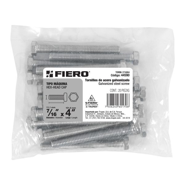44590 - Bolsa con 20 tornillos 7/16' x 4' tipo máquina, FIERO