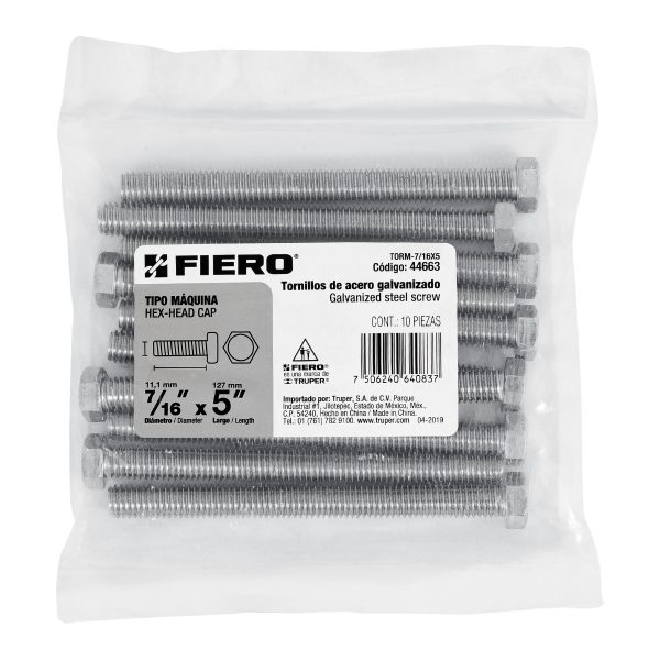 44663 - Bolsa con 10 tornillos 7/16' x 5' tipo máquina, FIERO