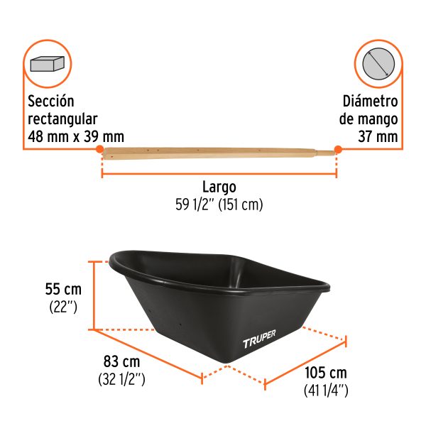 19810 - Carretilla c/plástica 8 ft3 Doble llanta neumática b/madera