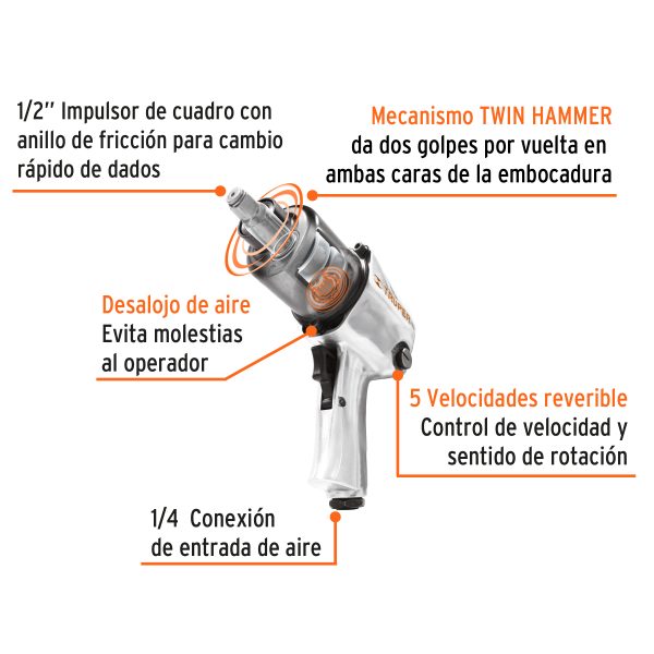 11187 - Llave (pistola) de impacto neumática 1/2', ind, TRUPER
