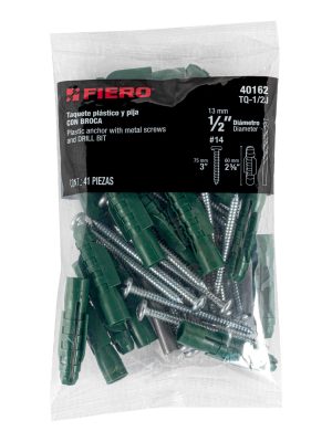 40162 - Kit de 20 taquetes 1/2' con pijas #14 y 1 broca 1/2', Fiero