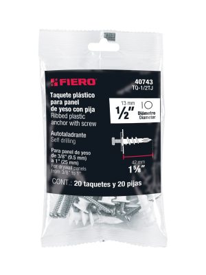 40743 - Kit 20 taquetes plásticos 1/2', p/panel de yeso con pijas #8
