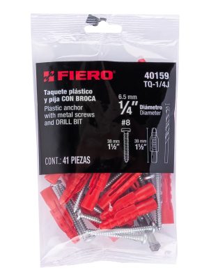 40159 - Kit de 20 taquetes 1/4' con pijas #8 y 1 broca 1/4', Fiero