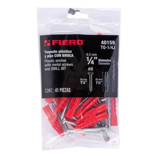 40159 - Kit de 20 taquetes 1/4' con pijas #8 y 1 broca 1/4', Fiero