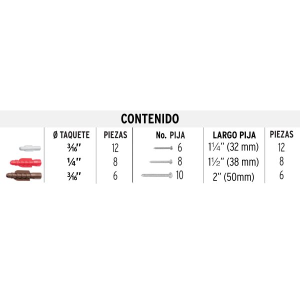 49770 - Estuche 26 taquetes 3/16', 1/4', 5/16', c/pijas #6, #8, #10