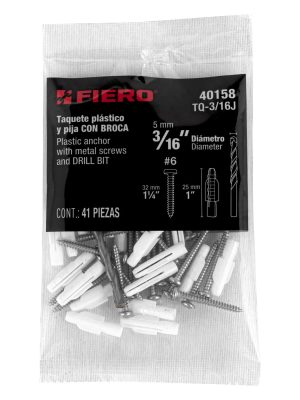 40158 - Kit de 20 taquetes 3/16' con pijas #6 y 1 broca 3/16', Fiero