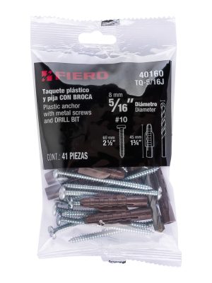 40160 - Kit de 20 taquetes 5/16'con pijas #10 y 1 broca 5/16', Fiero
