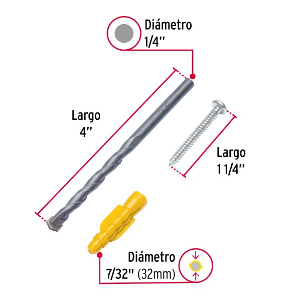 40759 - Kit de 20 taquetes 7/32' con pijas #8 y 1 broca 1/4', Fiero