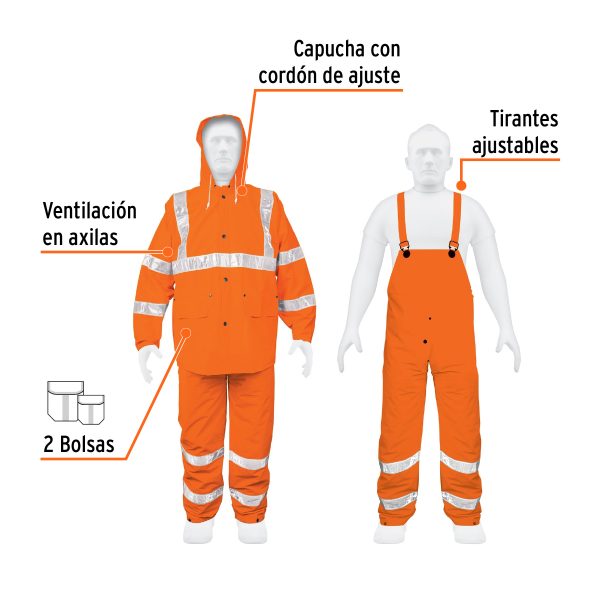 17410 - Conjunto impermeable doble capa naranja con reflejante, XG