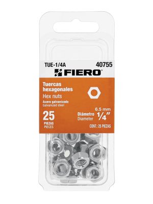 TUE-1-4A.jpg 40755 - Blíster con 25 tuercas 1/4' hex de acero galvanizado, Fiero