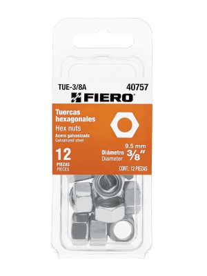TUE-3-8A.jpg 40757 - Blíster con 12 tuercas 3/8' hex de acero galvanizado, Fiero