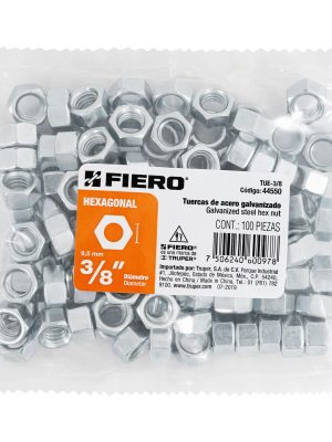 44550 - Bolsa con 100 tuercas 3/8' hexagonales de acero galvanizado