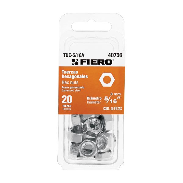 40756 - Blíster con 20 tuercas 5/16' hex de acero galvanizado, Fiero