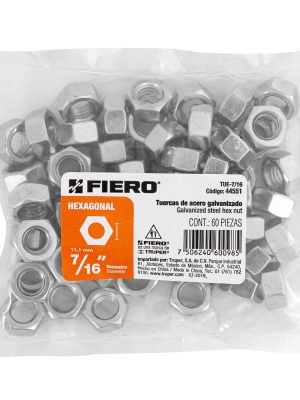 44551 - Bolsa con 60 tuercas 7/16' hexagonales de acero galvanizado