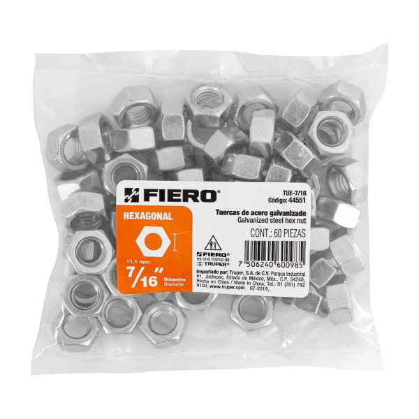 44551 - Bolsa con 60 tuercas 7/16' hexagonales de acero galvanizado