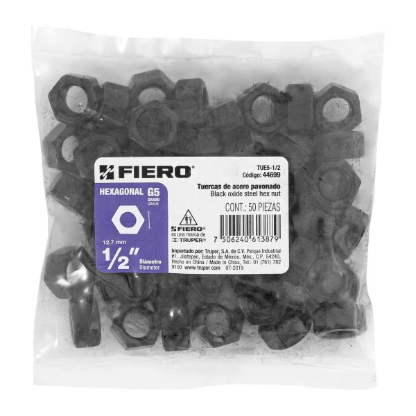 44699 - Bolsa con 50 tuercas 1/2' hexagonales pavonadas, grado 5