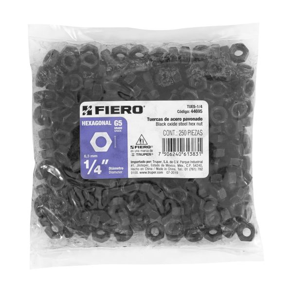 44695 - Bolsa con 250 tuercas 1/4' hexagonales pavonadas, grado 5