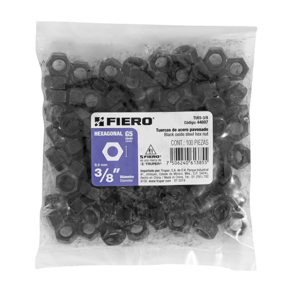 44697 - Bolsa con 100 tuercas 3/8' hexagonales pavonadas, grado 5