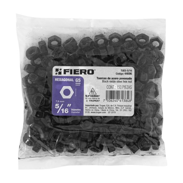 44696 - Bolsa con 150 tuercas 5/16' hexagonales pavonadas, grado 5