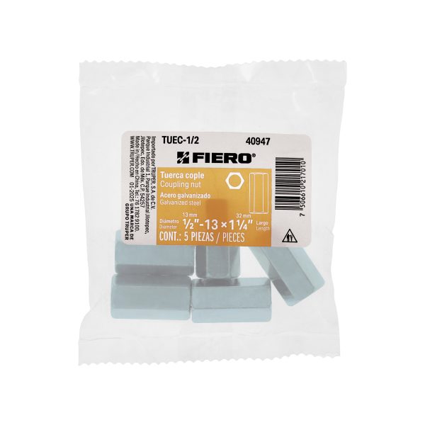 40947 - Bolsa con 5 tuercas cople, 1/2' acero galvanizado , FIERO
