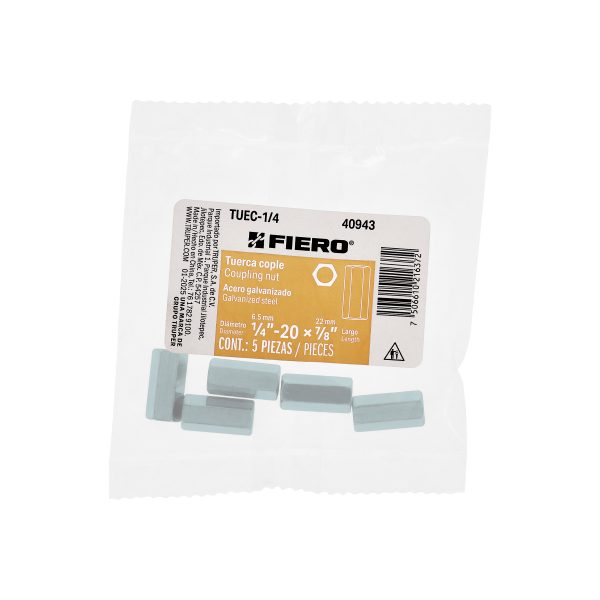 40943 - Bolsa con 5 tuercas cople, 1/4' acero galvanizado , FIERO