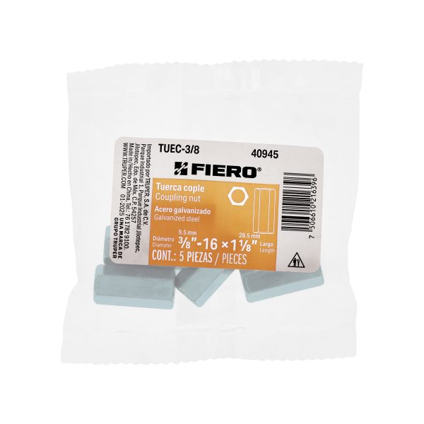 40945 - Bolsa con 5 tuercas cople, 3/8' acero galvanizado , FIERO