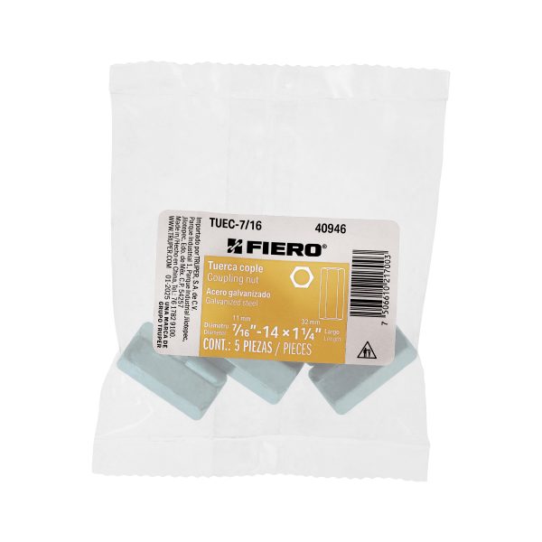 40946 - Bolsa con 5 tuercas cople, 7/16' acero galvanizado , FIERO