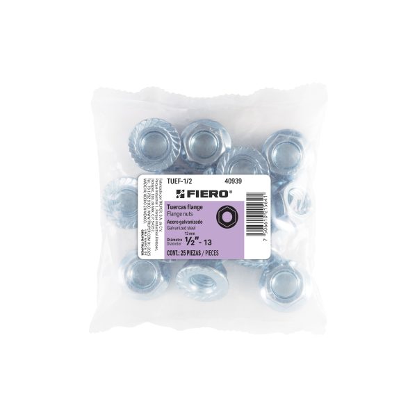 40939 - Bolsa con 25 tuercas flange, 1/2', acero galvanizado, FIERO