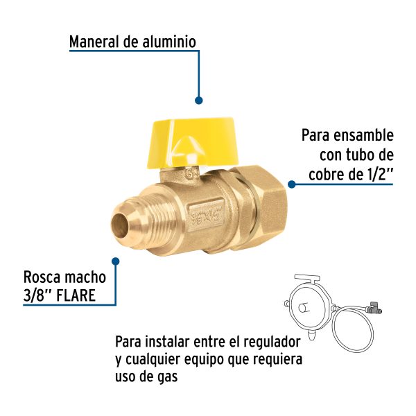 49116 - Válvula de control latón para gas 3/8'x1/2' tipo barrilito